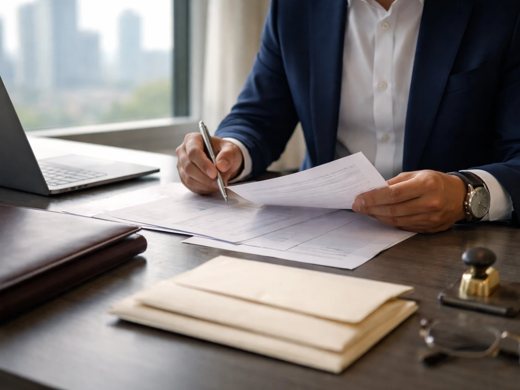 Anonymous person reviewing plain financial documents at a desk in an upscale office, symbolizing evidence-based net-wort