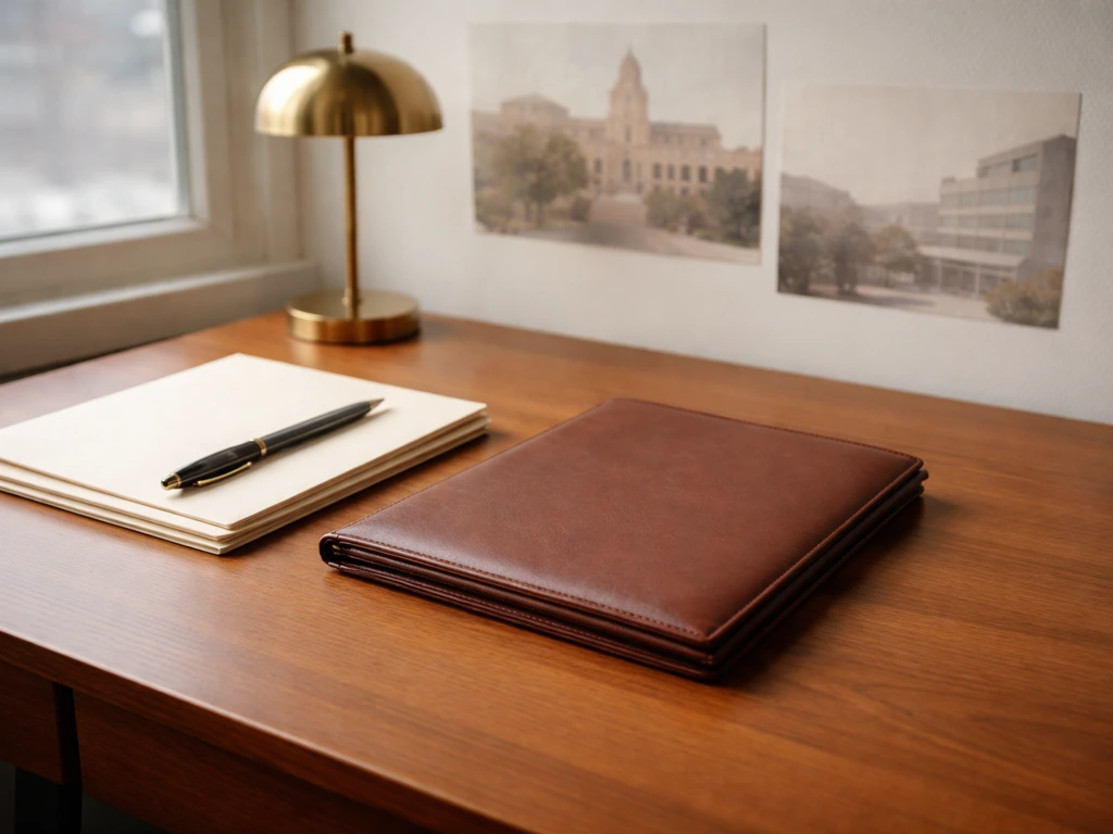 Minimal office scene with documents, a vintage fountain pen, and a subtle education-and-career collage hint.