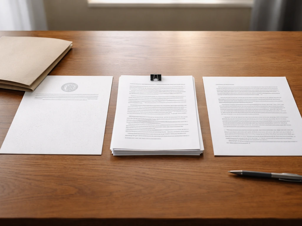 Minimal desk scene with three documents side by side representing probate records, corporate filings, and references.