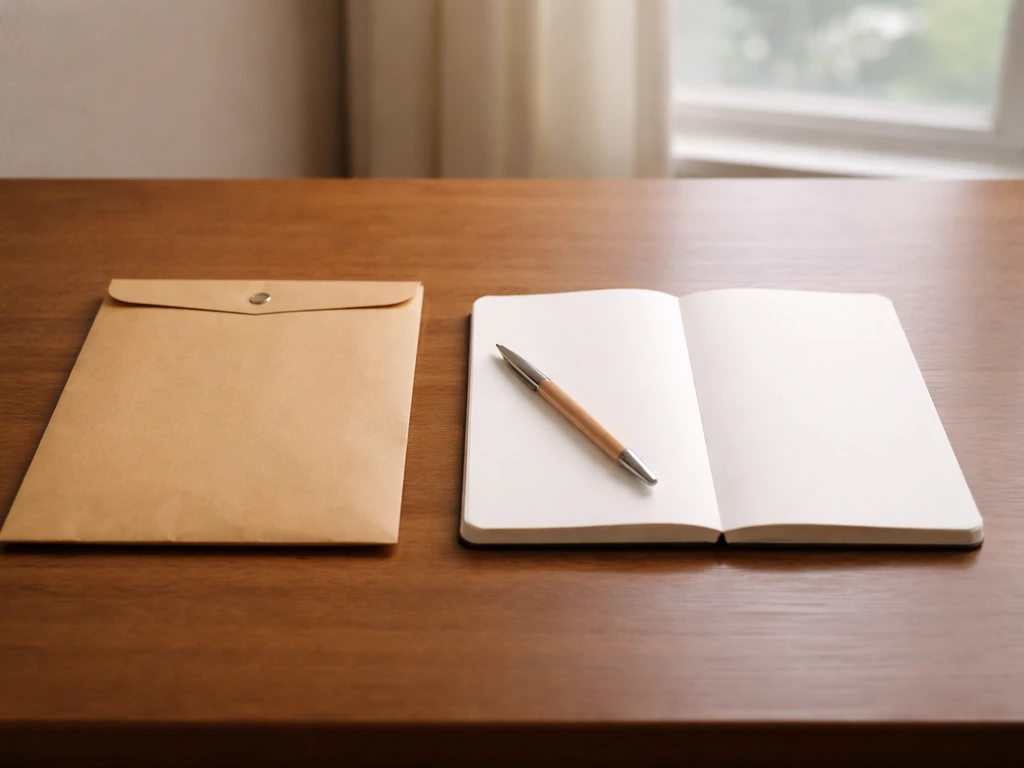 Minimal desk scene with a sealed envelope and a small notebook divided into two blank sections labeled only by spacing