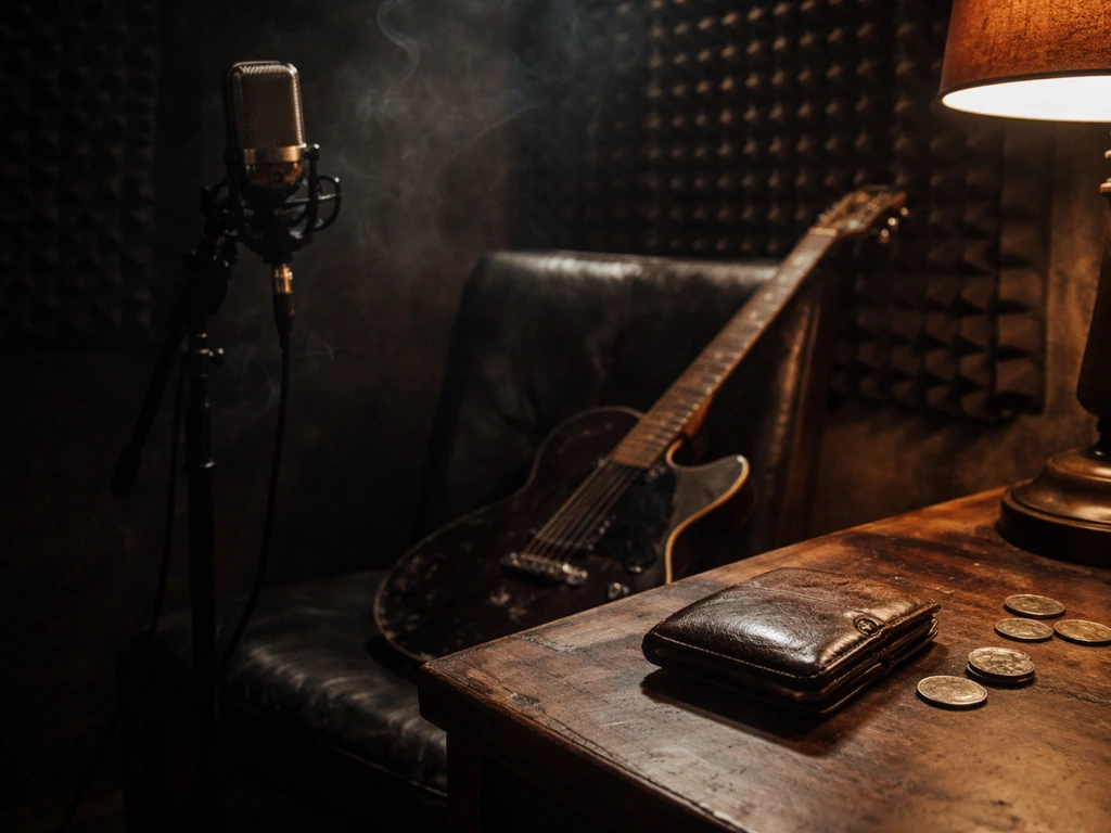 Moody recording studio desk with microphone, dark sound panels, and wallet coins, symbolizing wealth analysis
