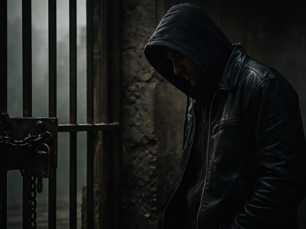 Moody black metal legacy scene with anonymous man in shadow near an old prison gate