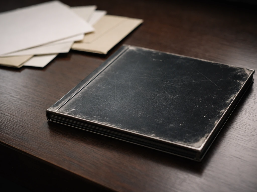 Close-up of a black metal album sleeve beside royalty-style paperwork textures on a dark desk