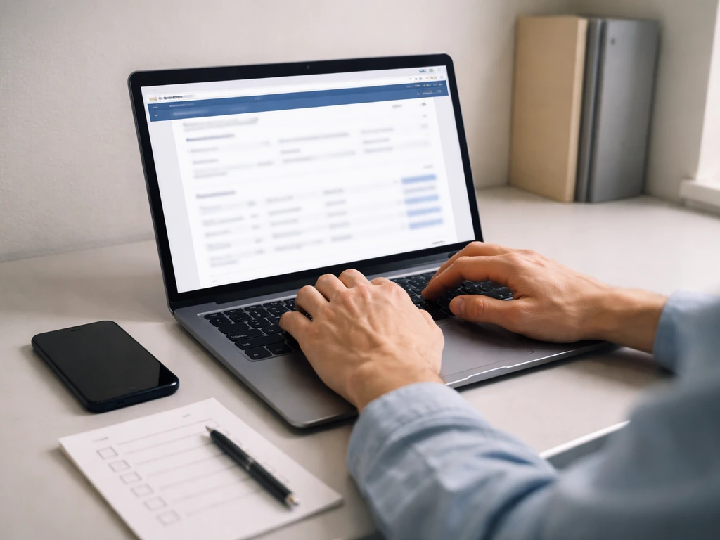Hands searching a blurred property/business registry on a laptop with a simple checklist on a desk.