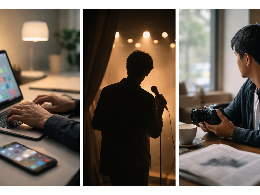 Three simple side-by-side scenes: ad-tech laptop desk, stage microphone in dim theater, and a quiet cafe with camera.