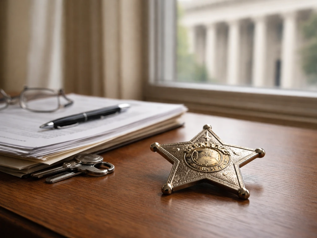 Sheriff badge and courthouse exterior in soft light, symbolizing a Georgia law-enforcement profile