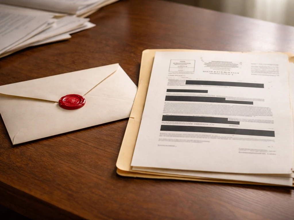 Close-up of a sealed envelope and a blurred, redacted court judgment document on a desk, symbolizing debt