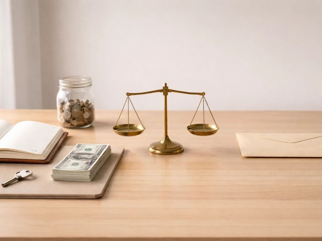 Minimal desk scene with a balance scale weighing cash and real-estate items against a plain envelope.