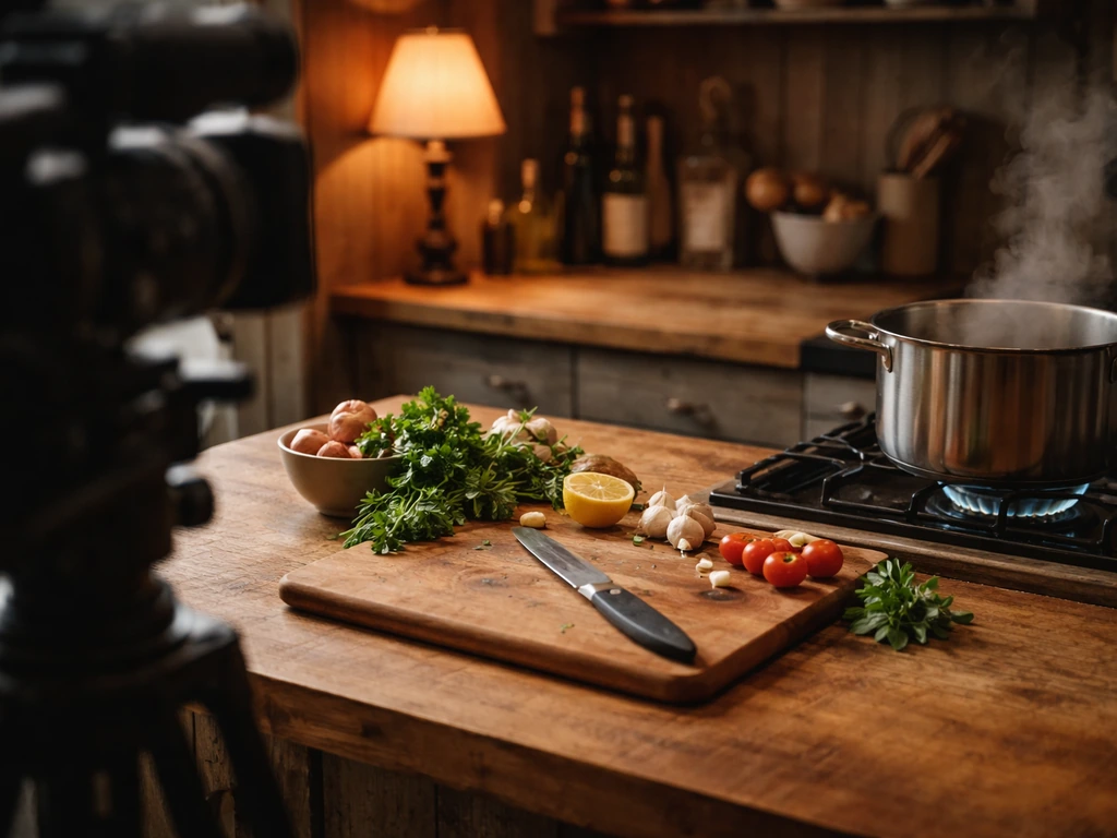Rustic PBS-style kitchen set with herbs, simmering pot, and slight production-camera presence at frame edge.