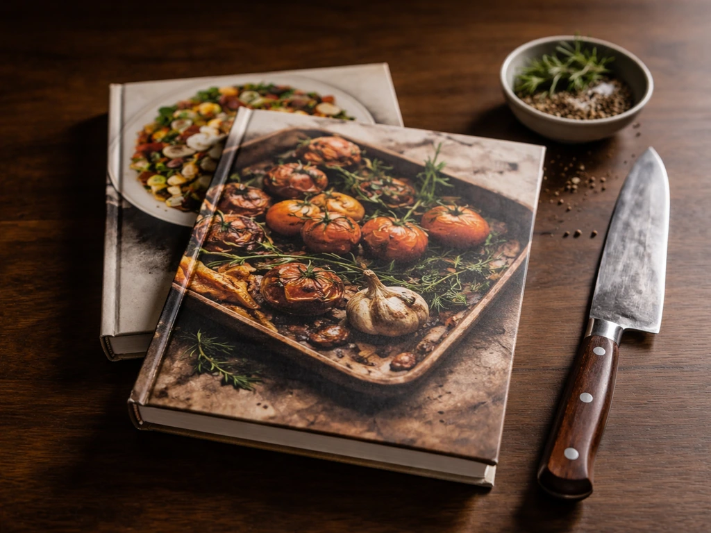 Staged flat-lay of cookbooks on a wooden table with herbs and a chef’s knife, under natural light.