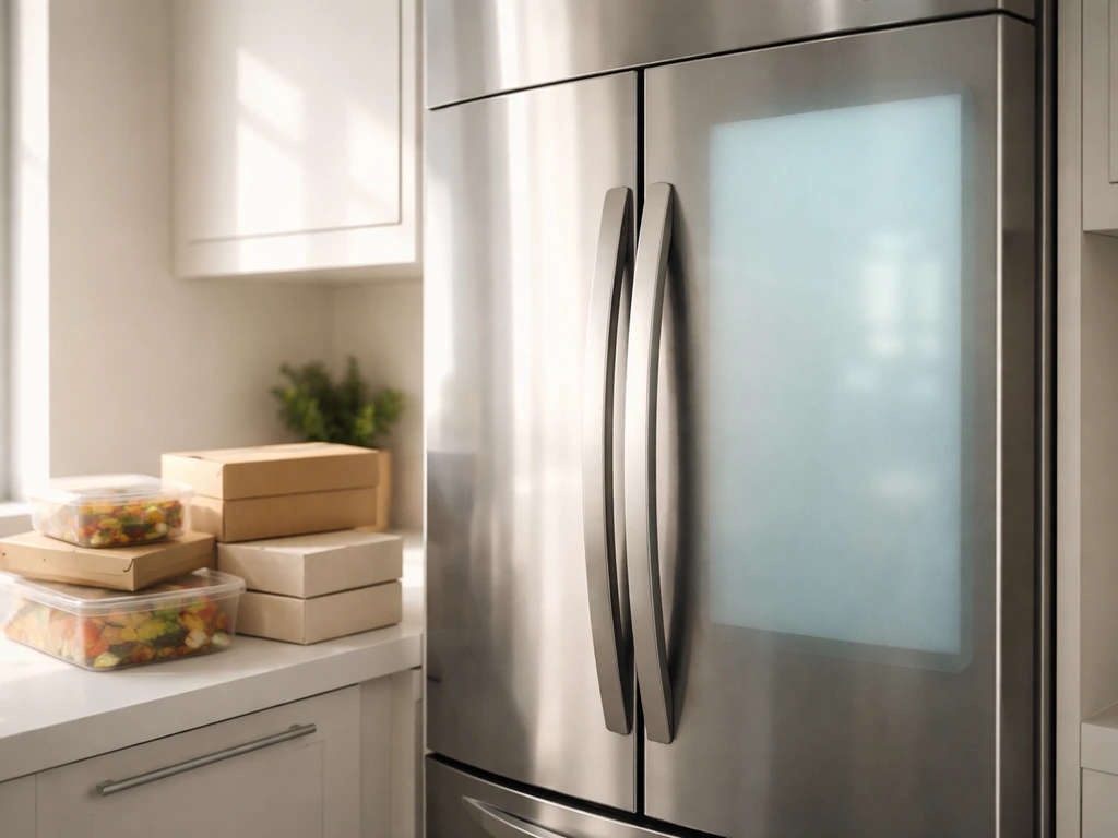 Close-up of a smart fridge with blank boxed mail-order food items on a kitchen counter.