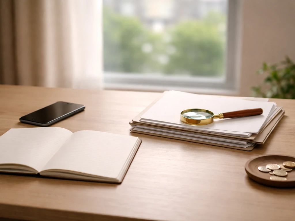 Minimal desk scene with notebook, smartphone, and money-themed objects suggesting cross-verifying net worth sources.