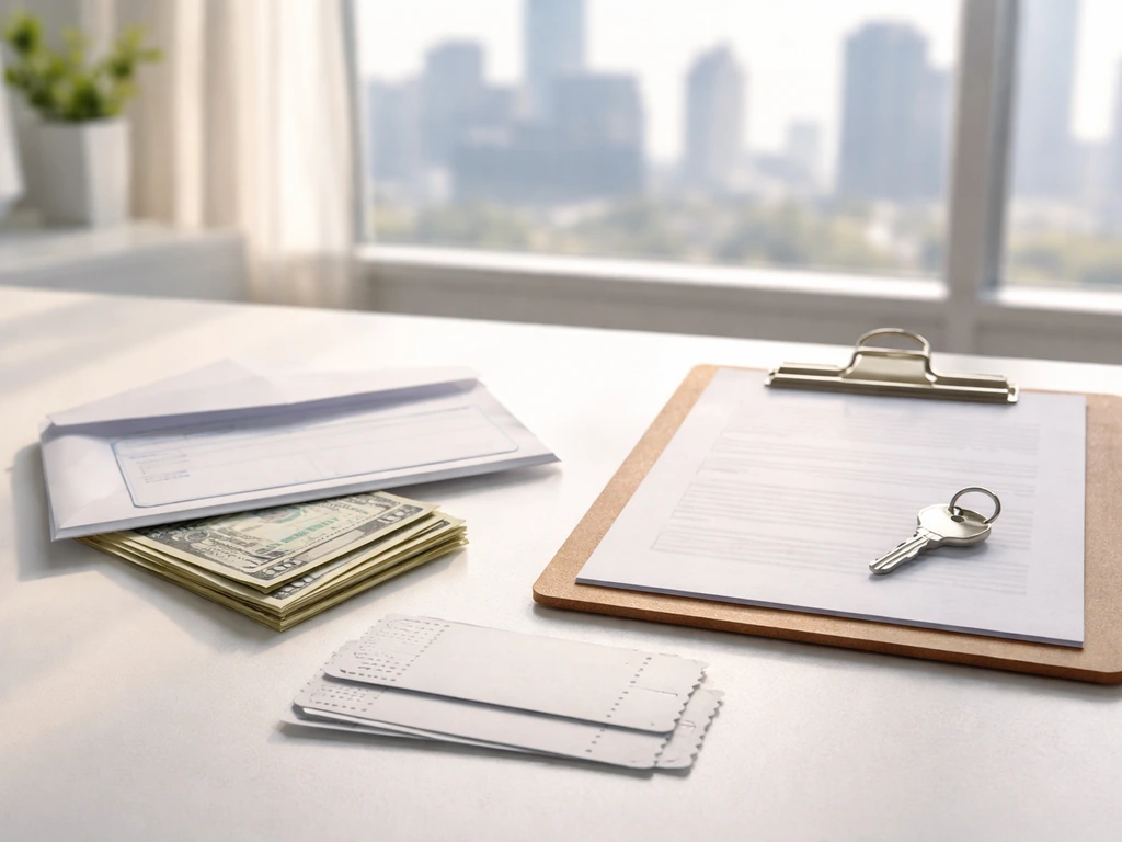 Minimal scene showing a TV news paycheck, speaking event tickets, and a property listing vibe