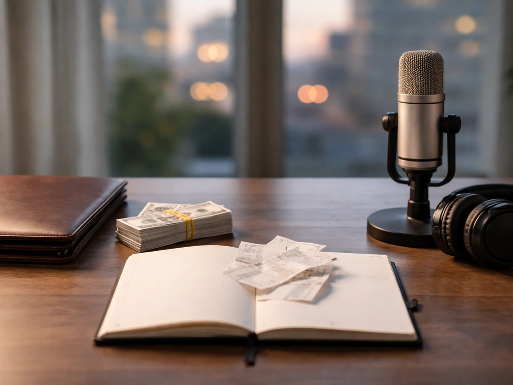 Desk scene symbolizing conflicting estimates: money on one side, microphone and blank notebook on the other.