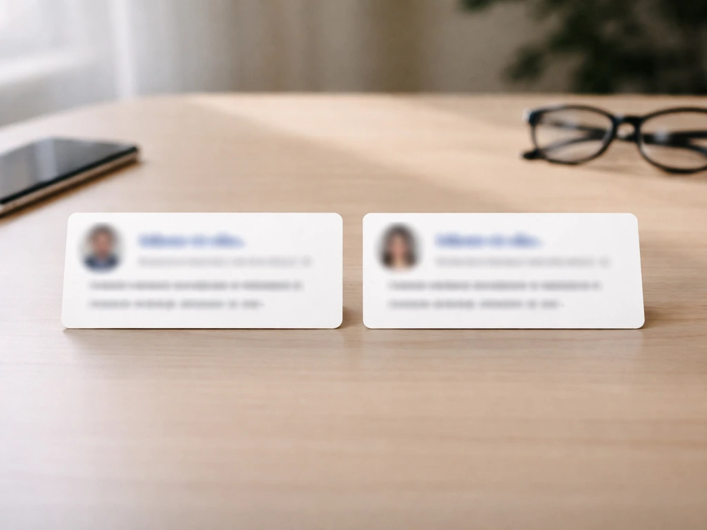 Two blurred, side-by-side name-like search cards on a desk with eyeglasses and a phone, no readable text.