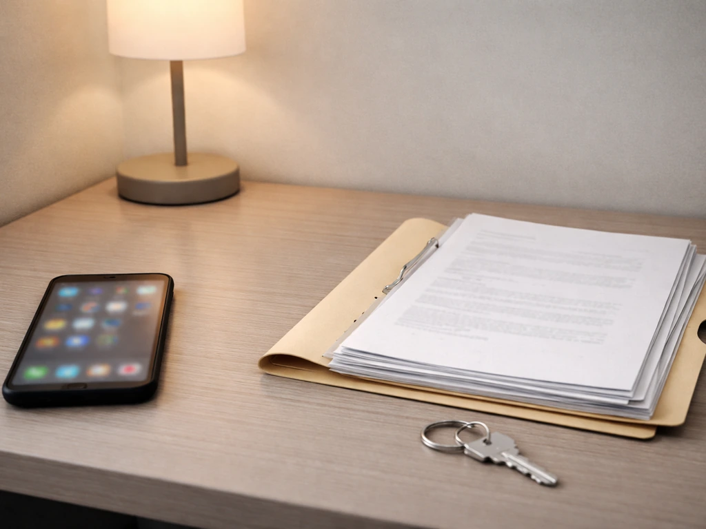 Minimal office desk with a turned-away phone and blank documents suggesting confirmed vs inferred evidence.