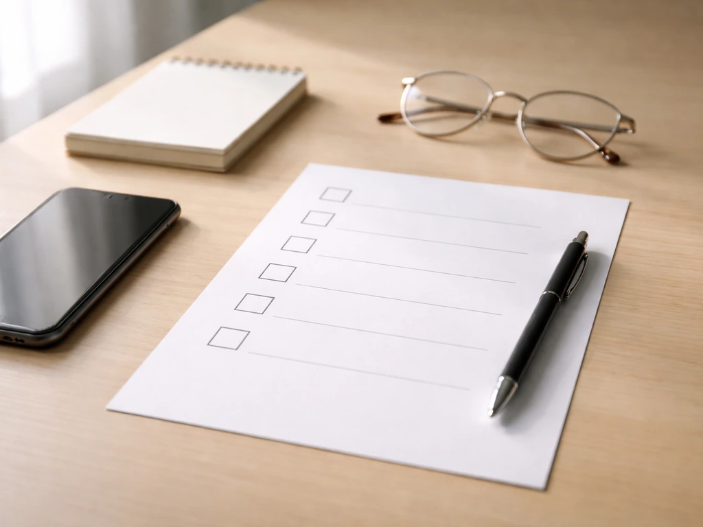 Minimal desk scene with smartphone, pen, eyeglasses, and a blank checkbox checklist for verifying identity.