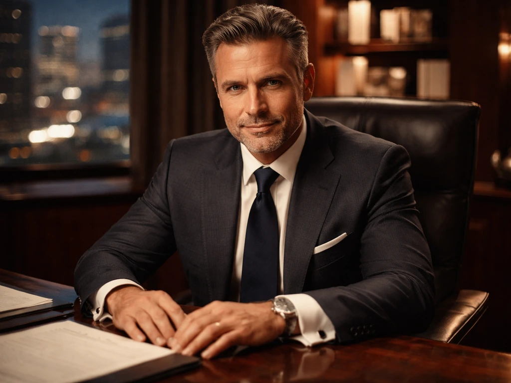 Fictional business tycoon in a modern office with blurred city lights, cinematic soap-opera vibe.