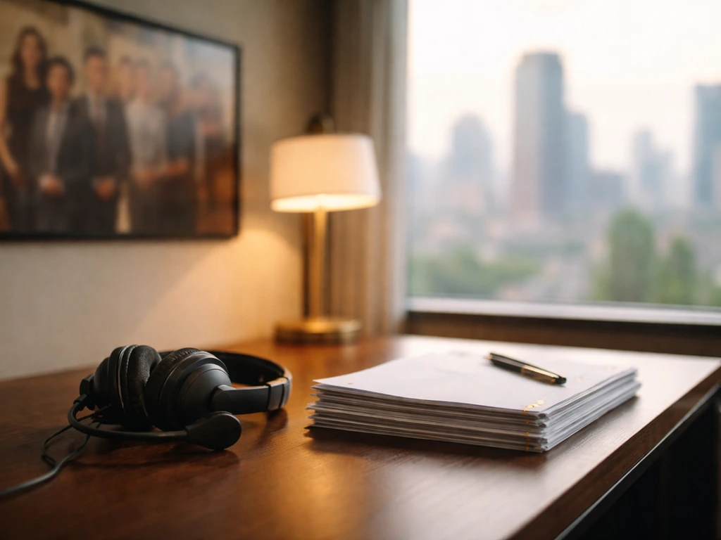 Minimal desk in a TV studio office with a headset and blurred city view, symbolizing media success and wealth
