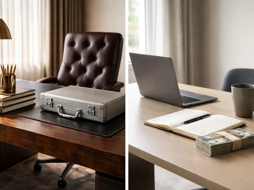 Minimal split scene symbolizing fictional versus real wealth: luxury office and podcast desk with money cues