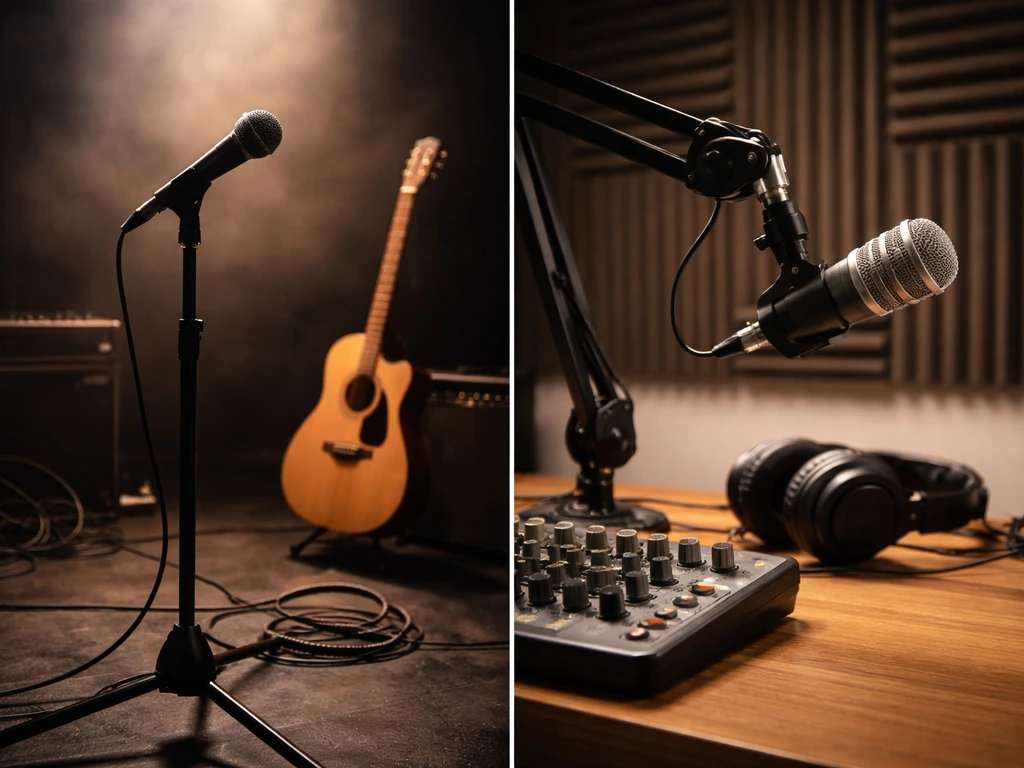 Split-style banner showing music stage gear and radio studio gear, symbolizing separate careers and earnings