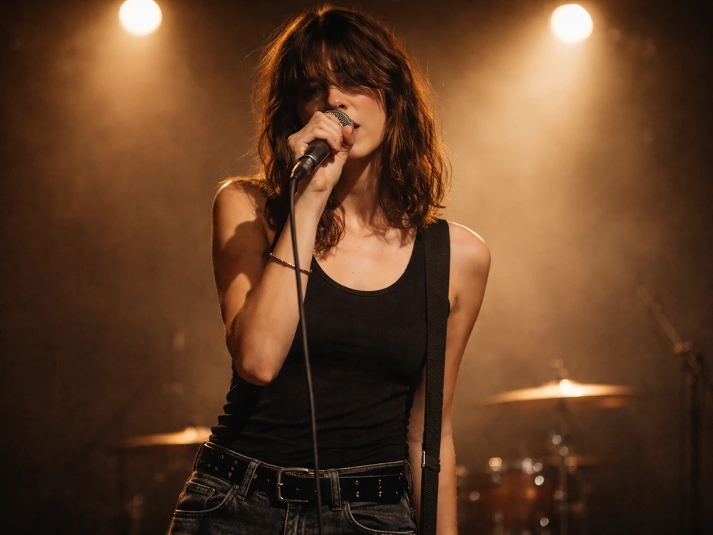 Aja Volkman performing onstage with a microphone, indie rock atmosphere
