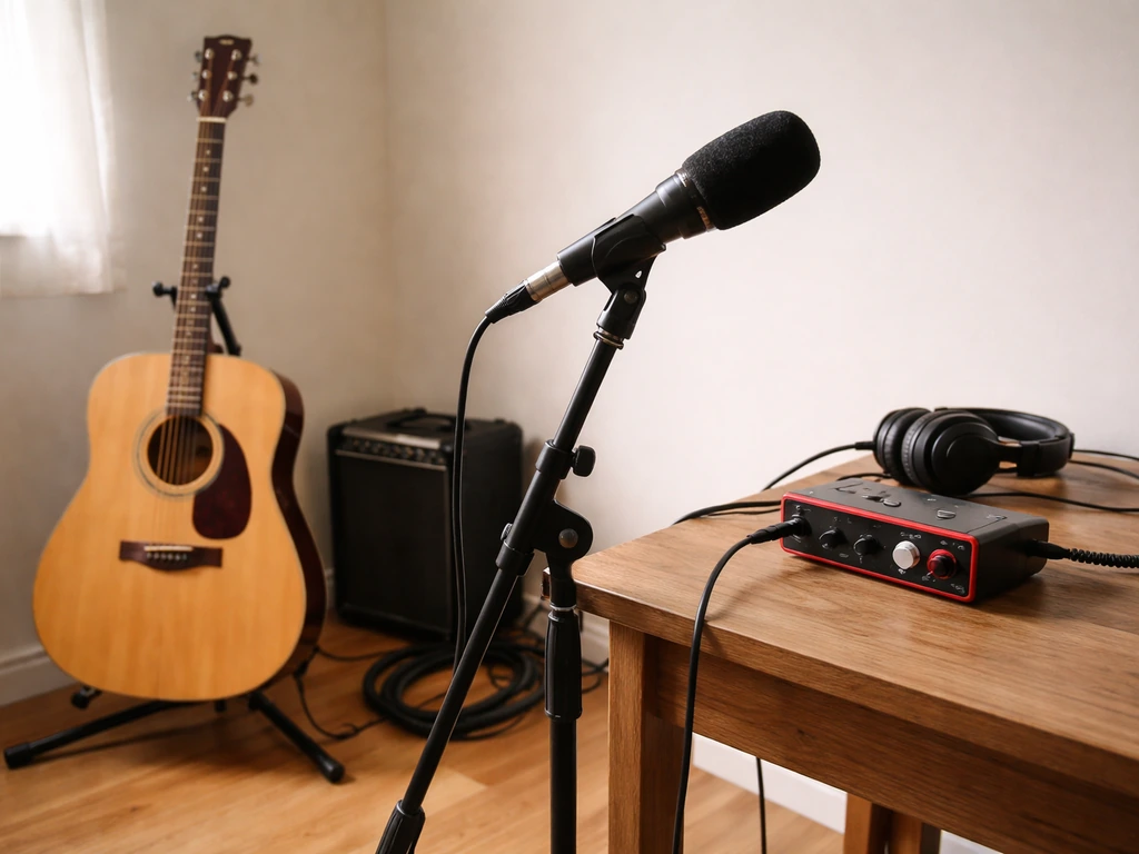 Indie rock band music gear in a simple studio corner with a microphone stand and guitar, suggesting touring income.