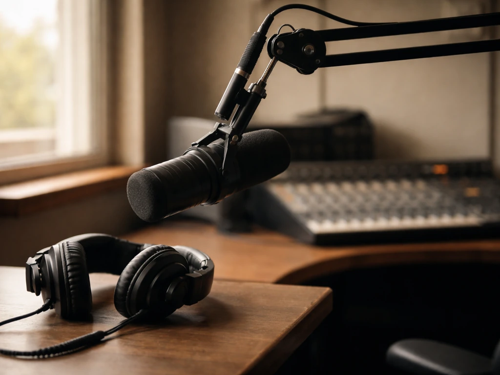 Empty radio studio with microphone, headphones, and a simple desk setup suggesting radio career earnings