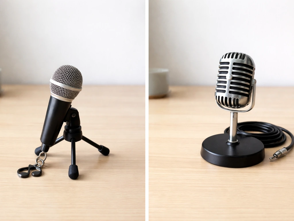 Minimal two-column desk image comparing a music microphone and a radio microphone, no people or text.