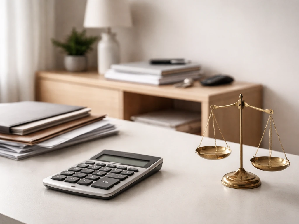 Home office desk with property papers, business documents, calculator, and balance scale, no people, natural light.