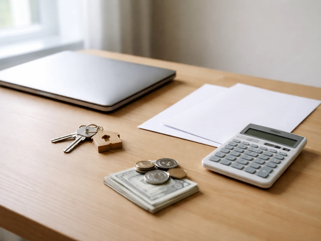 Desk with laptop, calculator, house keys, coins, and blank documents symbolizing assets and liabilities.