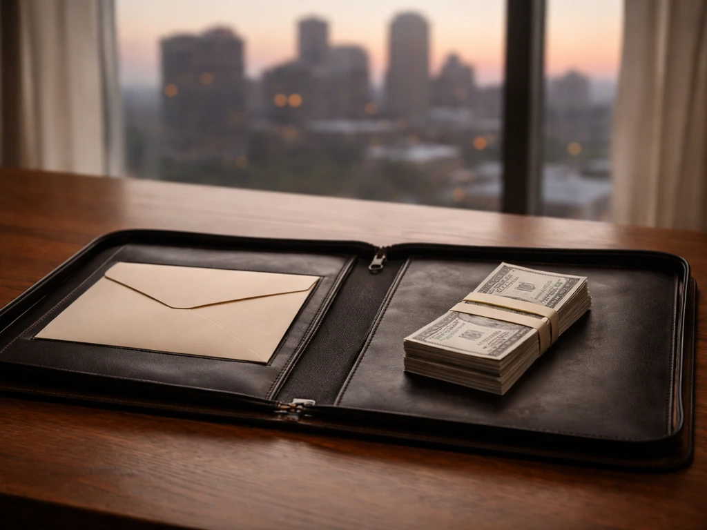 Minimal desk scene with leather portfolio and bundled cash, symbolizing a net worth estimate range.