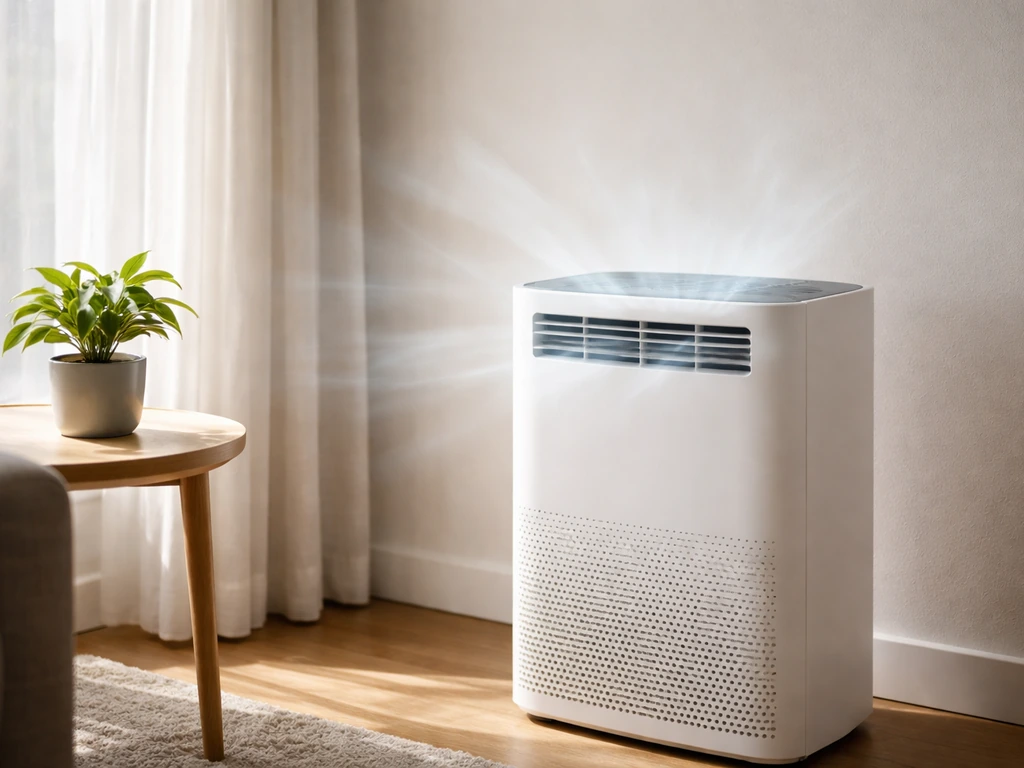 Modern air purifier running in a bright room, symbolizing an indoor air quality business source of income.