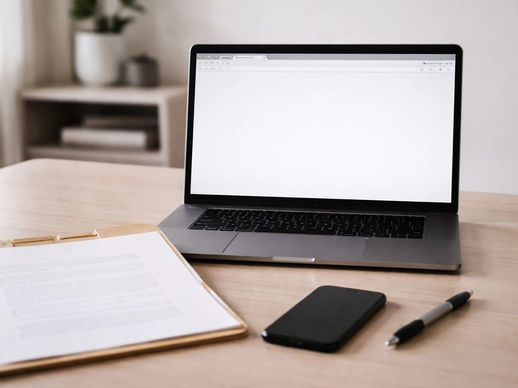 Close-up of a laptop showing a blank browser page beside a folder of property records for an estimate check