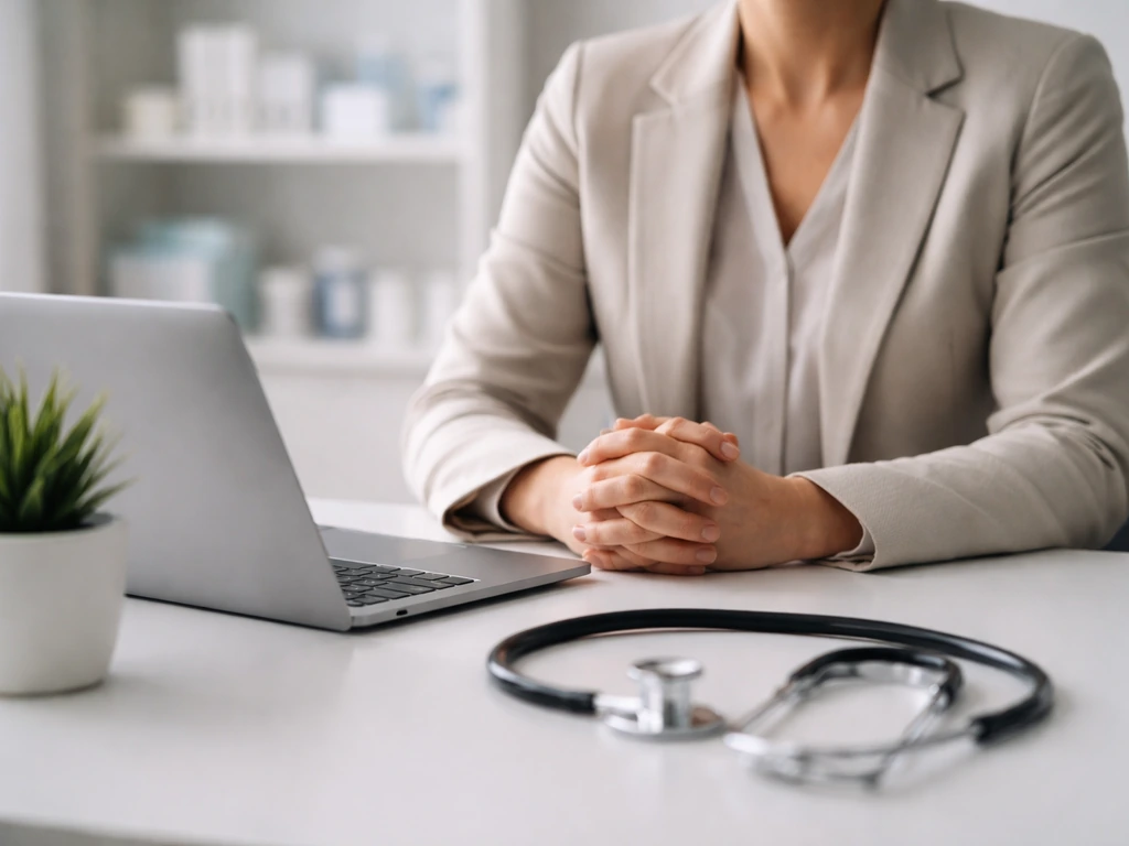 Healthcare business executive working in a quiet office with a laptop and healthcare-themed decor