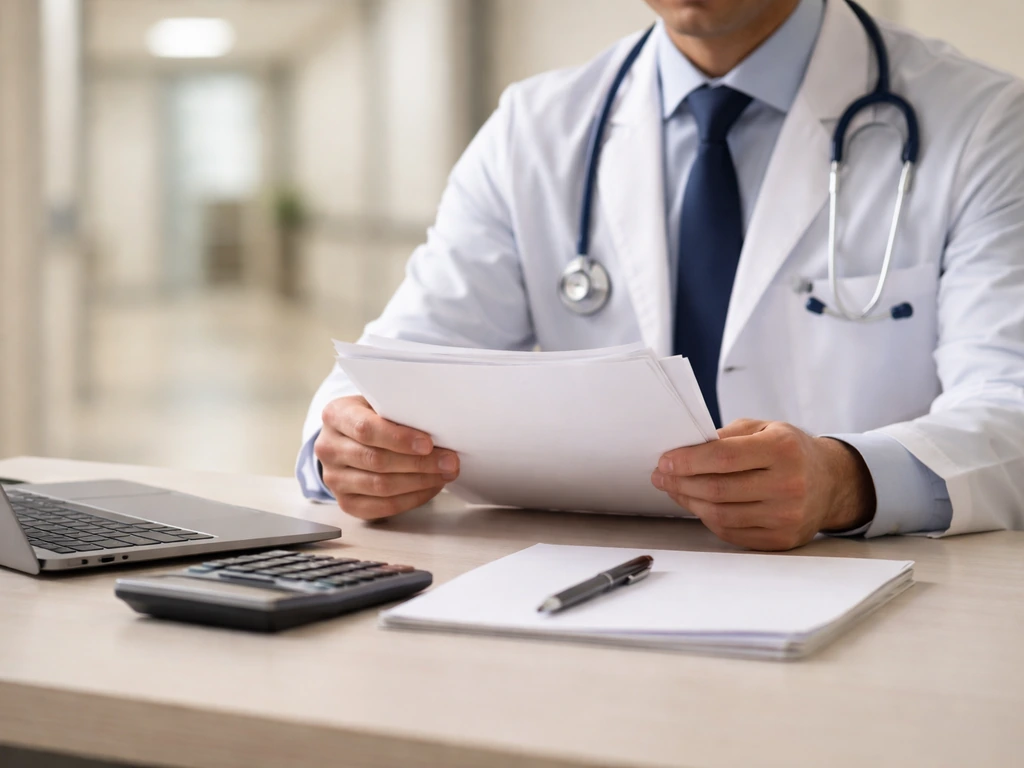 Anonymous healthcare CEO at a desk reviewing financial documents with a calculator and pen