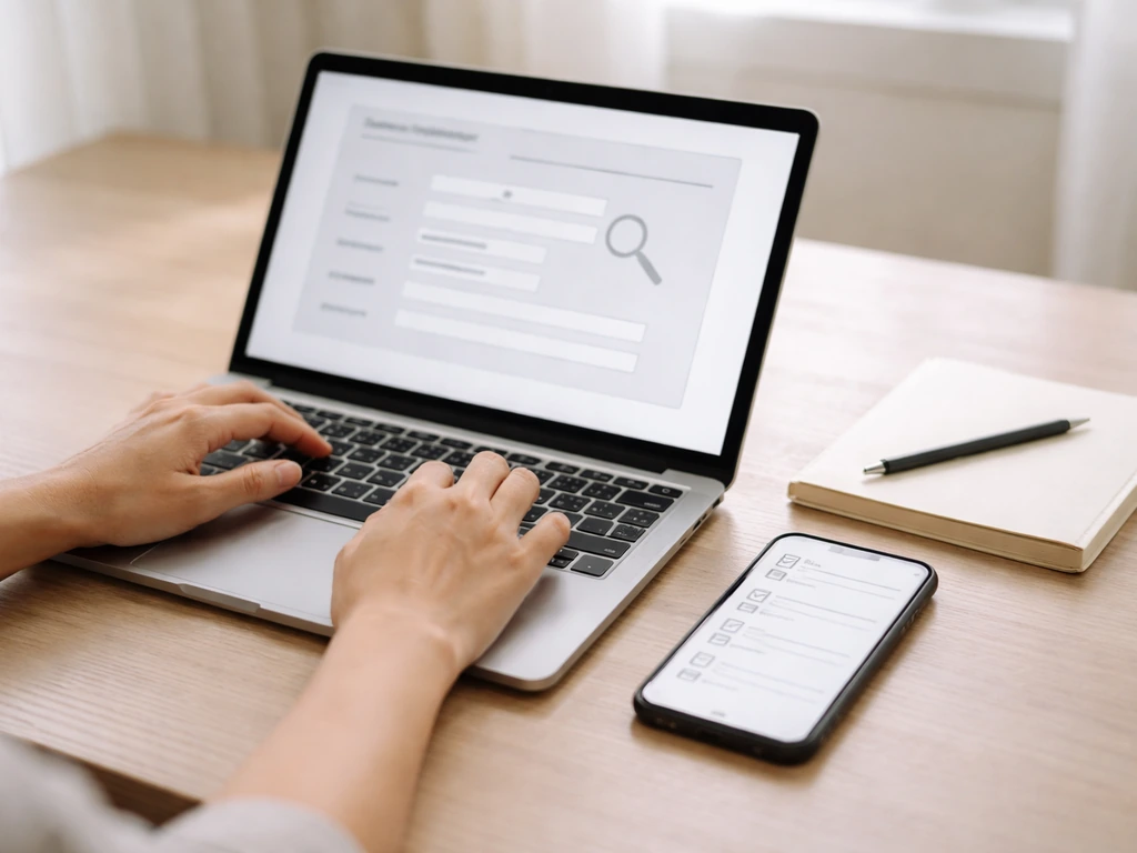 Person reviewing business registration on a laptop beside a smartphone checklist
