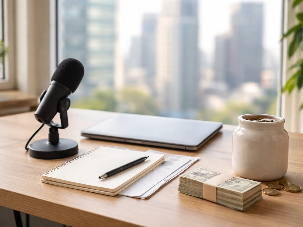 Minimal photo of a desk setup with a microphone, laptop, and scattered papers representing a media net-worth estimate.
