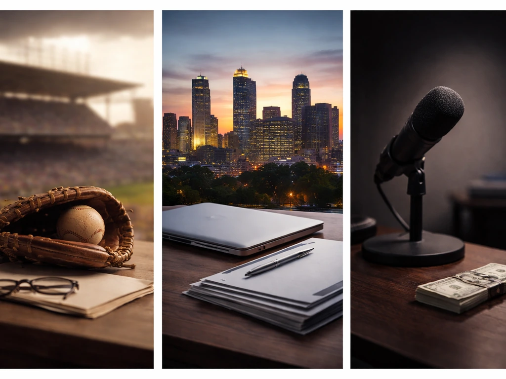 Minimal three-panel collage: baseball glove, business folders, and a microphone suggesting MLB contract wealth.