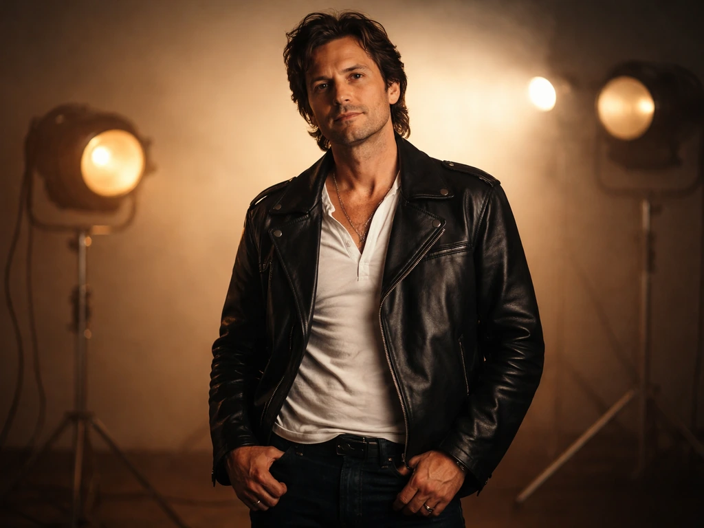 Disco era musician standing near vintage stage lights in a simple studio setting