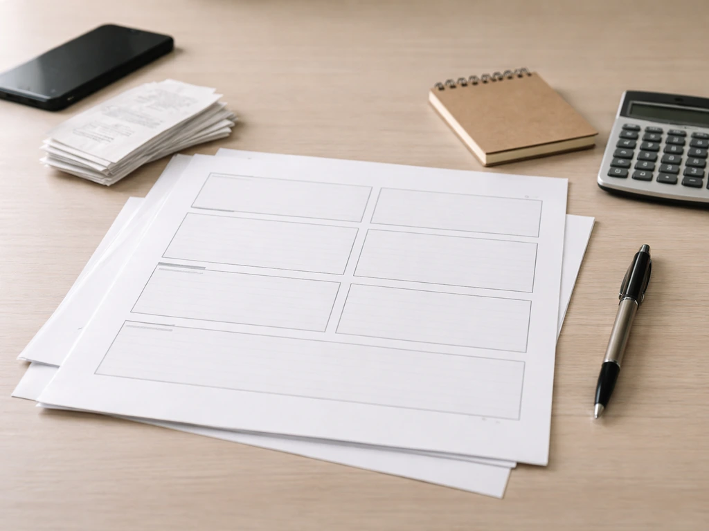 Minimal desk photo showing an open worksheet with source and assumption-like documents, pen, and calculator.