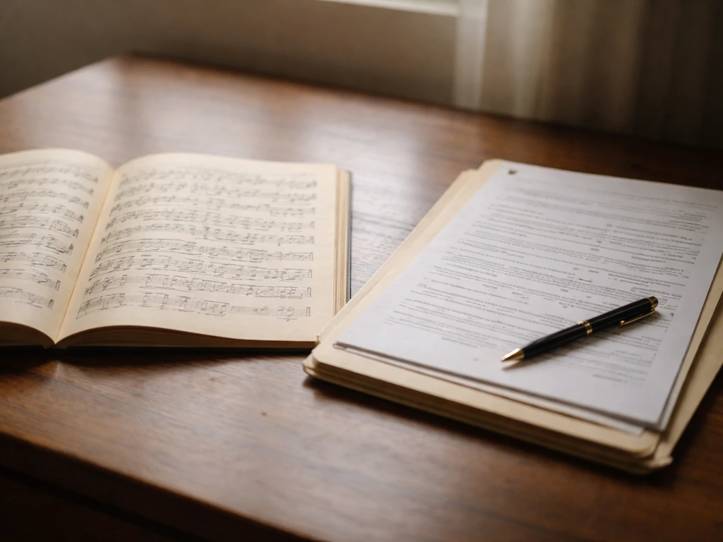Close-up of open sheet music and copyright paperwork on a wooden desk, softly lit by a window.