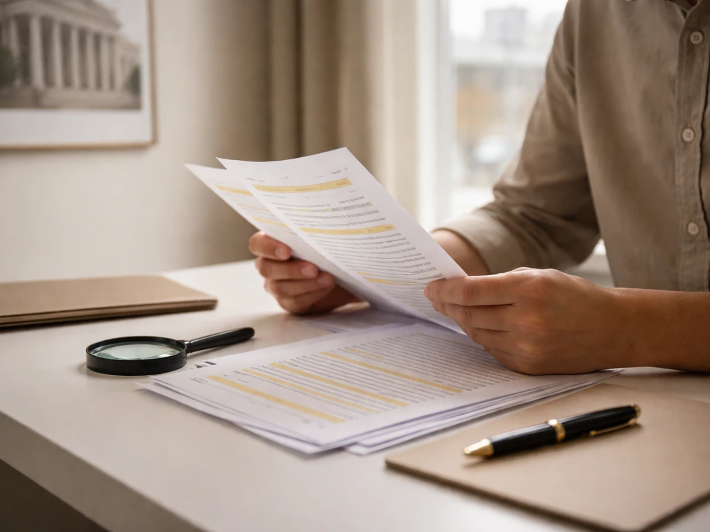 Researcher reviewing public legal documents on a desk beside a courthouse photo backdrop