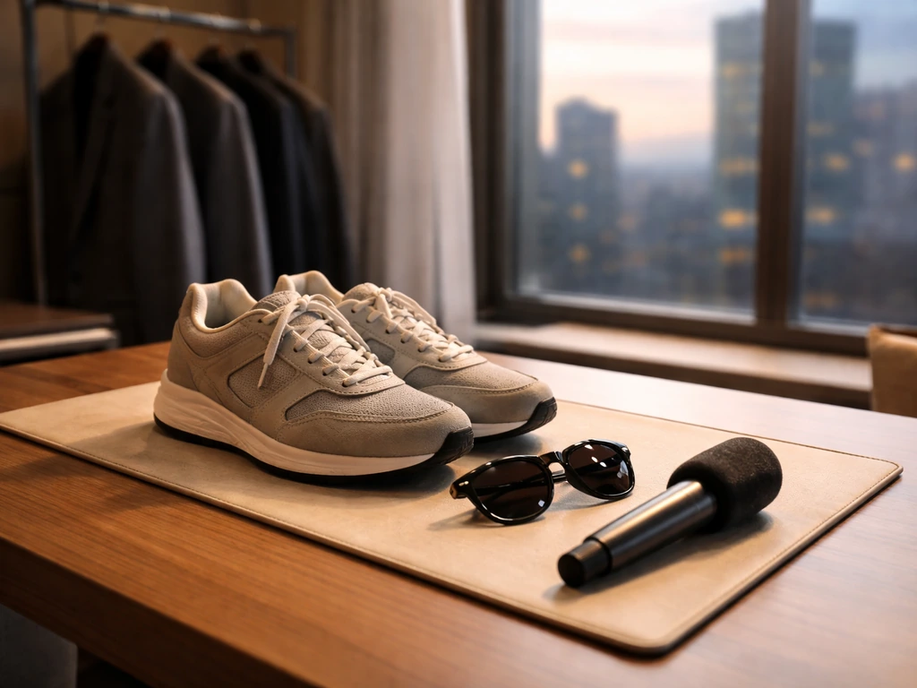 Minimal photo of a luxury office desk with a sportswear swoosh-style shoe and microphone, symbolizing endorsements