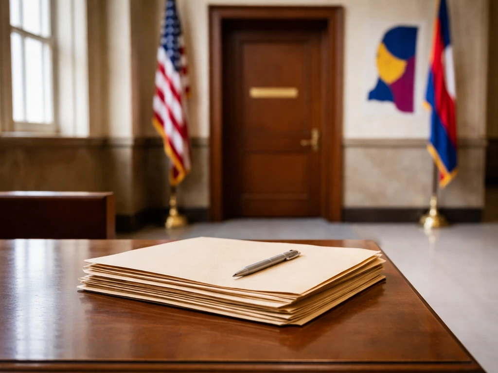 Empty courtroom hallway with U.S. flag and Mississippi flag colors, suggesting a welfare scandal case