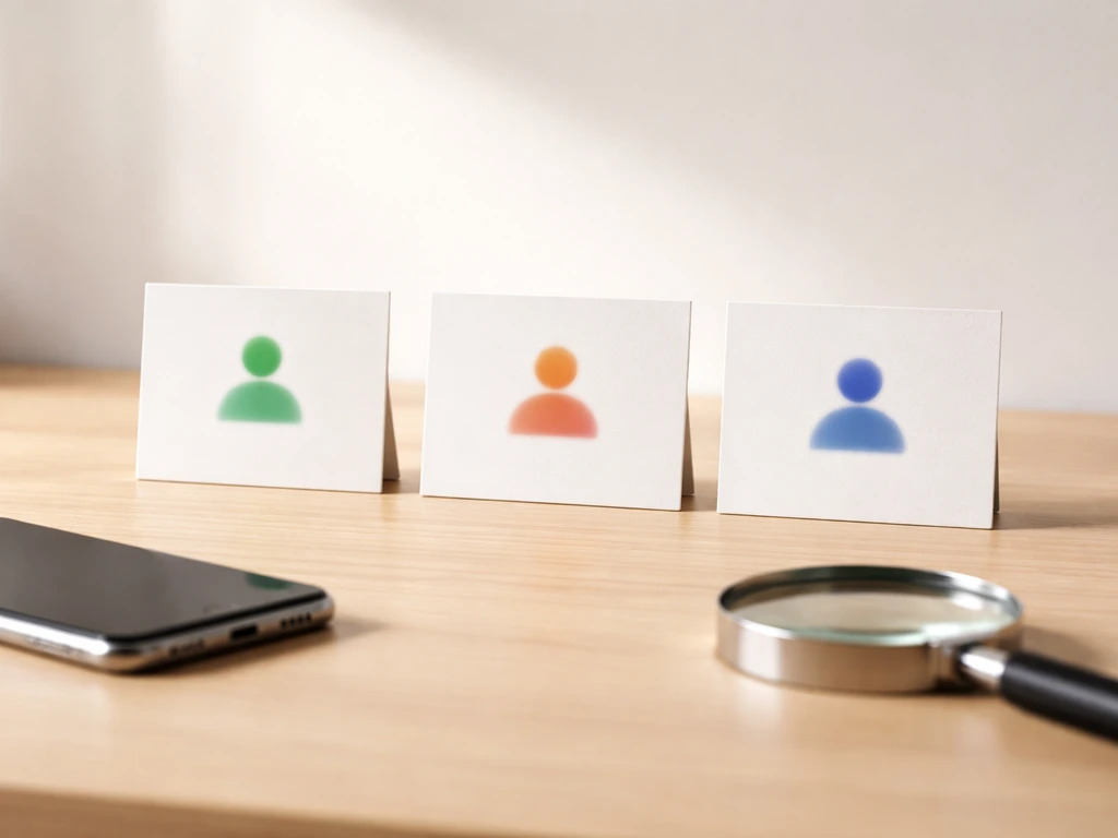 Minimal desk scene with three anonymous name cards marked only by blurred icons, suggesting identity disambiguation.