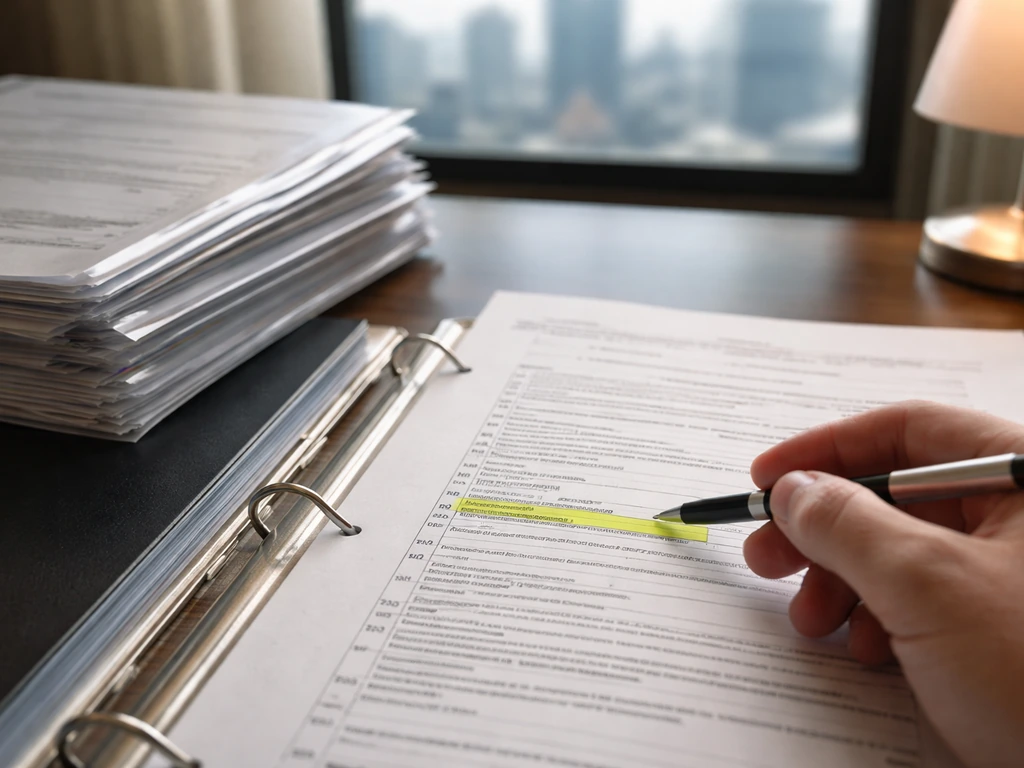 Close-up of an investor’s desk with an open binder of SEC-style forms and a highlighted share count note