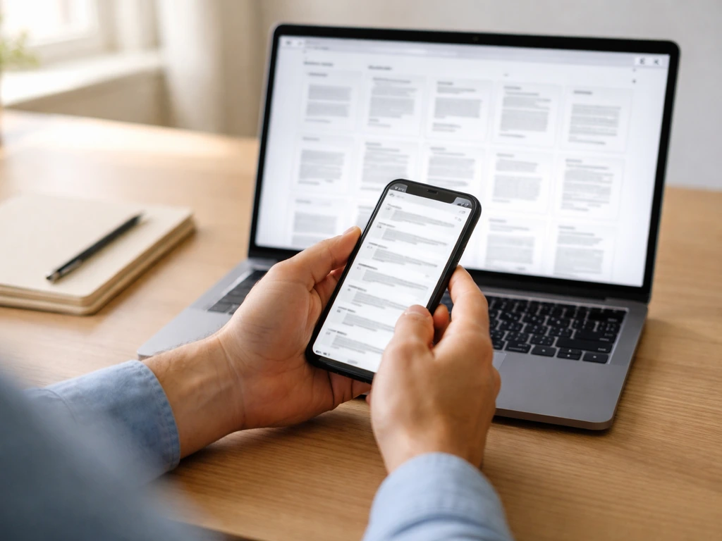 Hand holding a phone above a laptop with SEC-style filings page thumbnails, minimal office desk scene