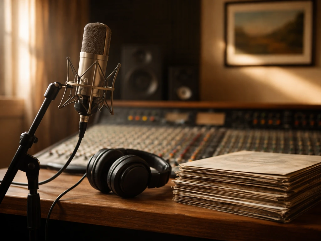 Empty recording studio desk with microphone and vinyl records, evoking a longtime music career and success.