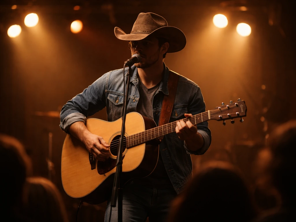Country guitarist performing onstage under warm lights, acoustic guitar in hand
